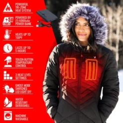 ActionHeat 5V Womens Heated Long Puffer Jacket W/ Hood -ThermaGear actionheat 5v heated long puffer jacket w hood women s 2062