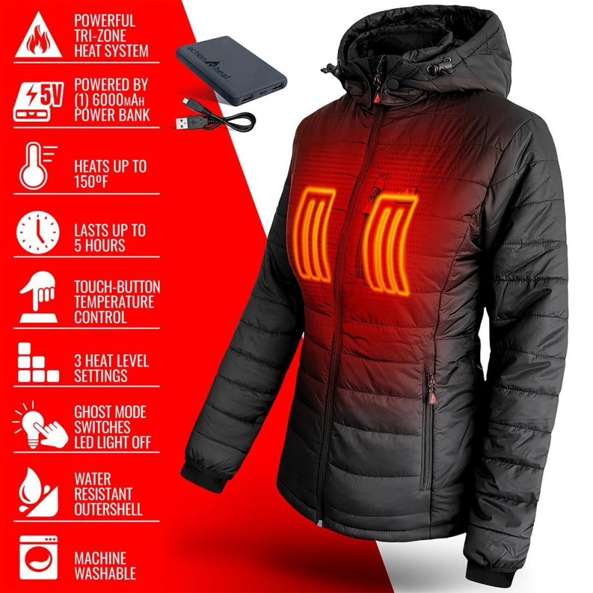 Open Box ActionHeat 5V Battery Heated Insulated Puffer Jacket W/ Hood - Womens 7 Open Box ActionHeat 5V Battery Heated Insulated Puffer Jacket W/ Hood - Womens - Image 5
